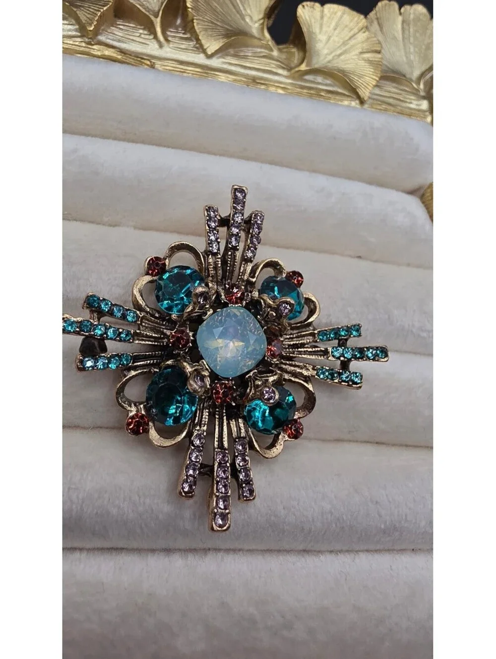 Vintage Style Gold Tone Blue and Opal Rhinestone Brooch